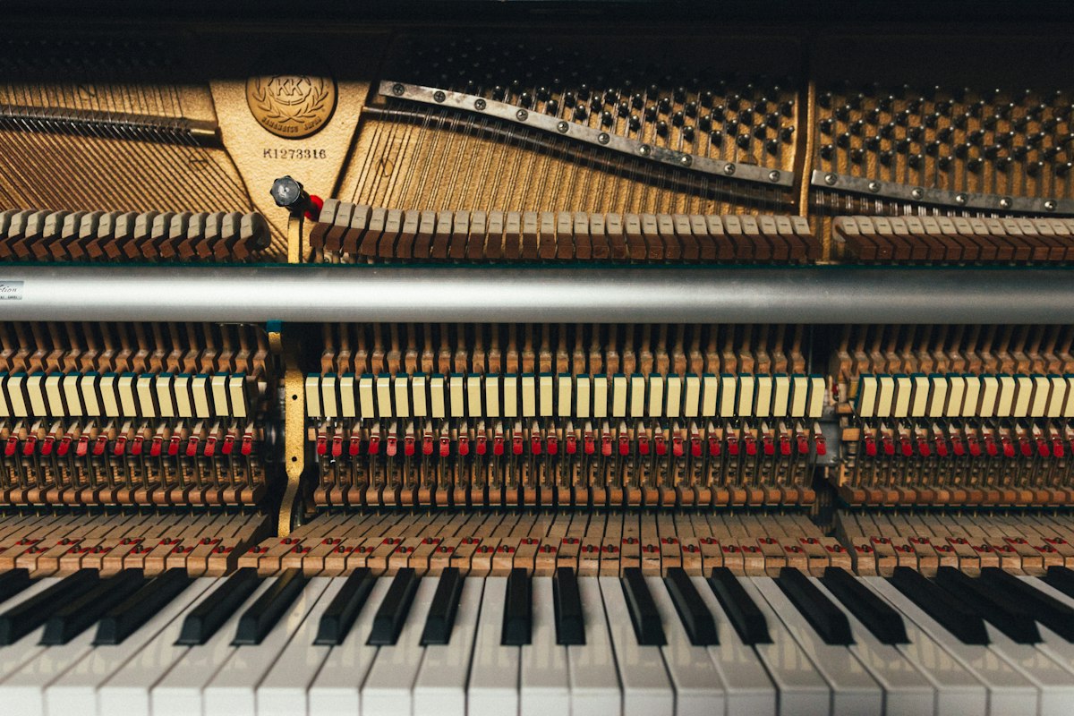 L'intérieur d'un piano droit : marteaux, feutres et cordes